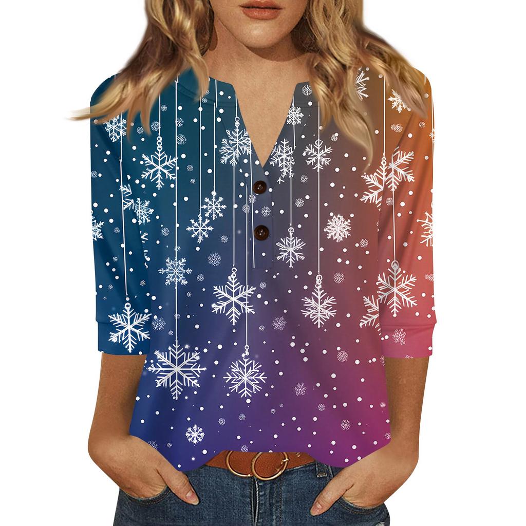 Women's T Shirt Christmas Print Button 3/4 Sleeve Daily Weekend Fashion Basic V- Neck Regular Top