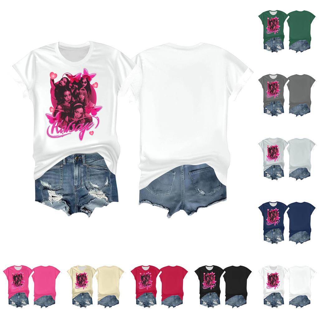 Women's Casual Printed T-shirt Round Neck Pullover Short Sleeve Top