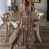 Women's V Neck Floral Print Short Sleeve Tassel Tie Loose Fit Maxi A-Line Dress