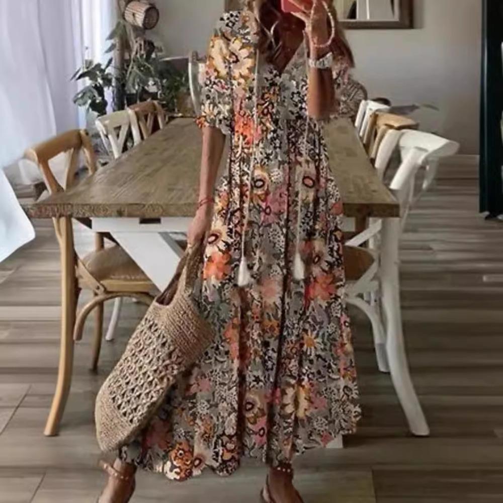 Women's V Neck Floral Print Short Sleeve Tassel Tie Loose Fit Maxi A-Line Dress