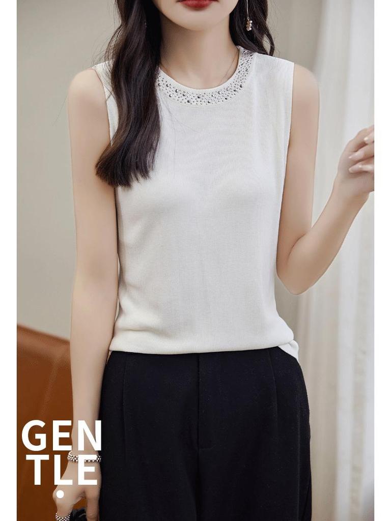 Trendiges ärmelloses Stricktop aus Eis-Seide: Damen Hot Drill Mode Camisole mit Rundhalsausschnitt