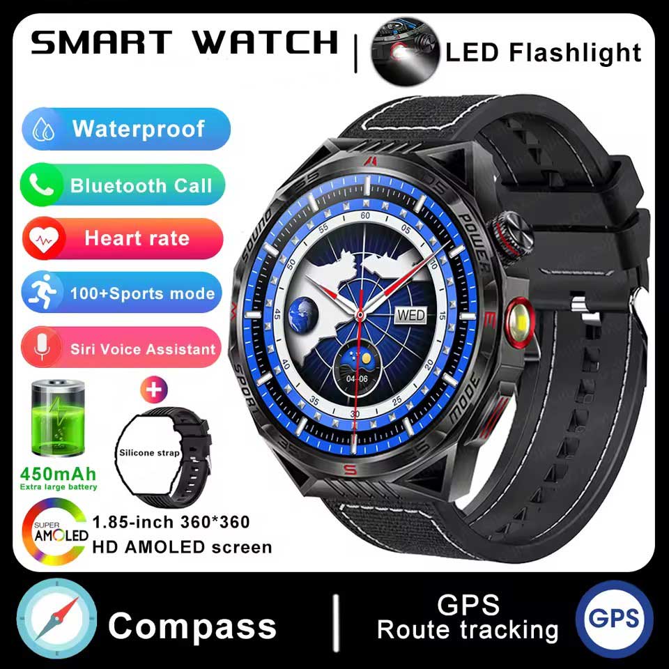 Outdoor Sport Compass Smartwatch Men Flashlight Laser Light 450mAh Battery GPS Sport Track Waterproof Bluetooth Call Smart Watch