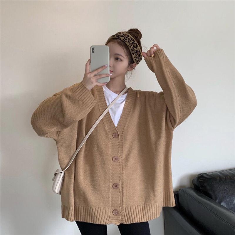 Women's Korean Style Loose Student Versatile Button Knitted Cardigan Top Solid Color Loose V-neck Sweater