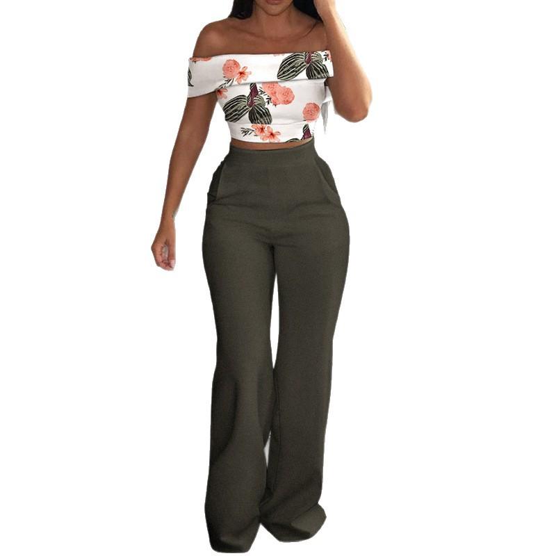 1116 Europäische und amerikanische Damenbekleidung, kurzes bedrucktes Top, zweiteiliges Set mit hoher Taille, Hosen mit weitem Bein, Damen-Freizeitanzug 661
