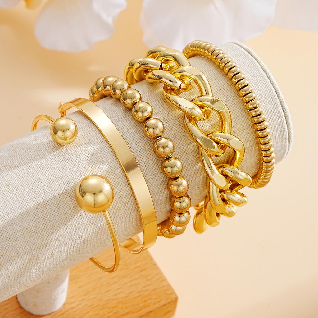 5pcs Punk Metal Cuban Chain Bracelets Set for Women Simple Geometric Gold Color Chunky Beaded Bracelets New Fashion Jewelry Gift