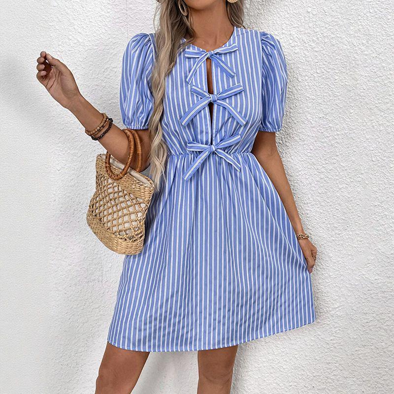 Summer New European and American Romantic Retro Striped Dress round Bow Tie Lace-up Dress