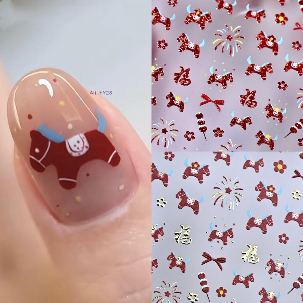 {YY28} Cartoon Red Pony Fortune Lucky Cat Manicure Decals Year Of The Horse Nail Stickers DIY New Year Nail Art Decoration