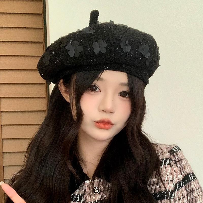 

Autumn Hat Female Flower Beret Fashion Versatile Octagonal Hat Show Face Small Casual Painter Hat One Size