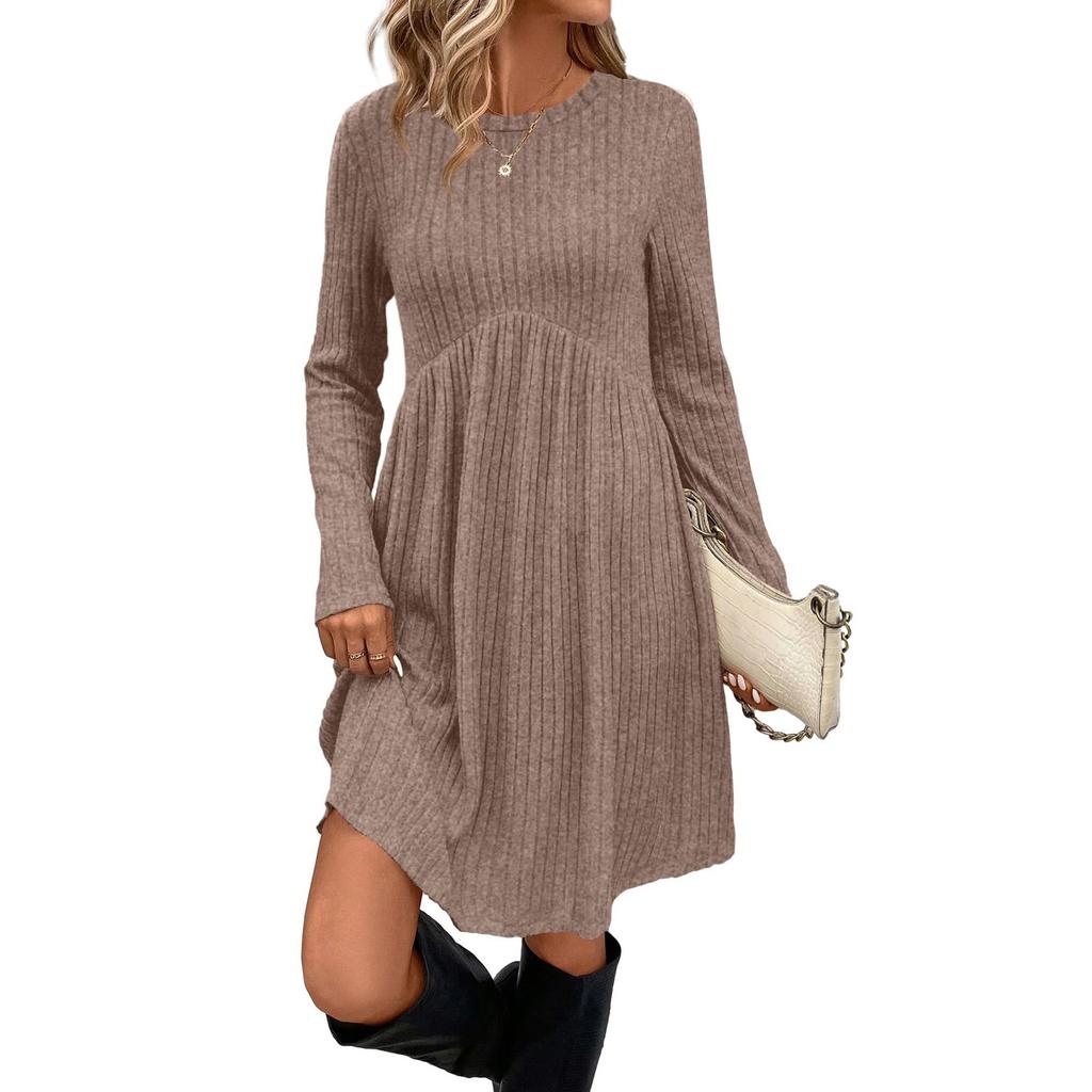 Women's Long-sleeved, Round-neck, High-waisted, Pocketed, Striped Dress