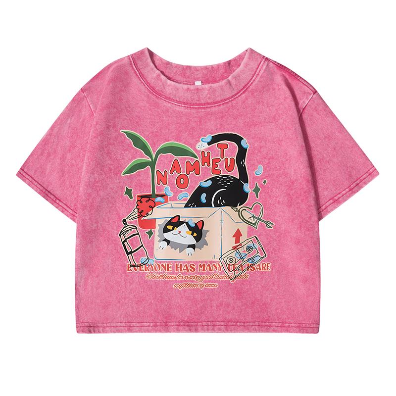 Women'S Retroprinting Female Washed Short Tshirts Breathable T-Shirts Summer Soft Clothes Loose Distress Tshirts Women