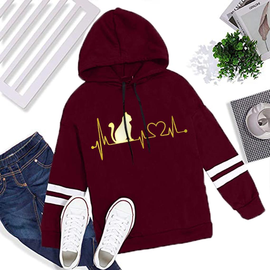 Women's Heartbeat Print Hoodie Sweatshirt Pullover Tops Long Sleeved Comfortable
