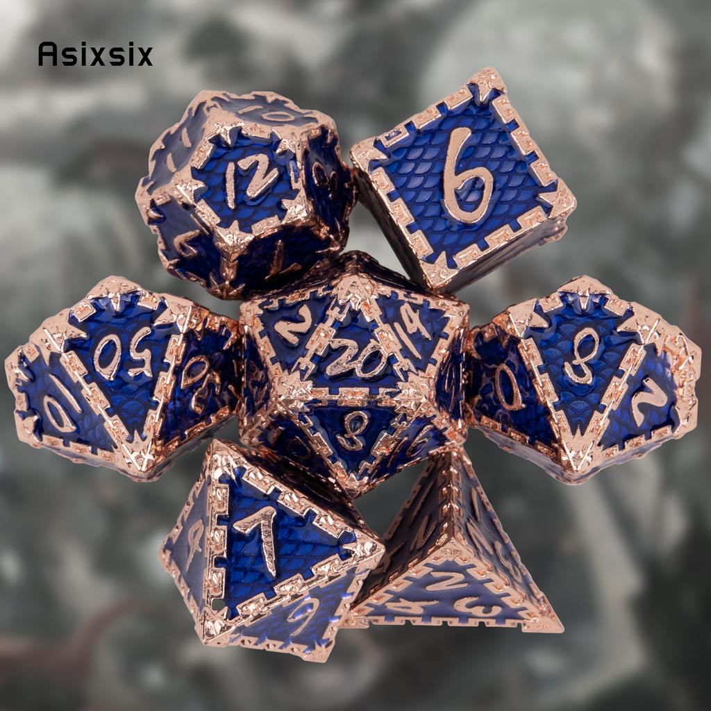 7 Stück blaue goldene Fischschuppen-Metallwürfel aus massivem Metall, polyedrisches Würfelset, geeignet für Rollenspiele, RPG-Brettspiele, Kartenspiele