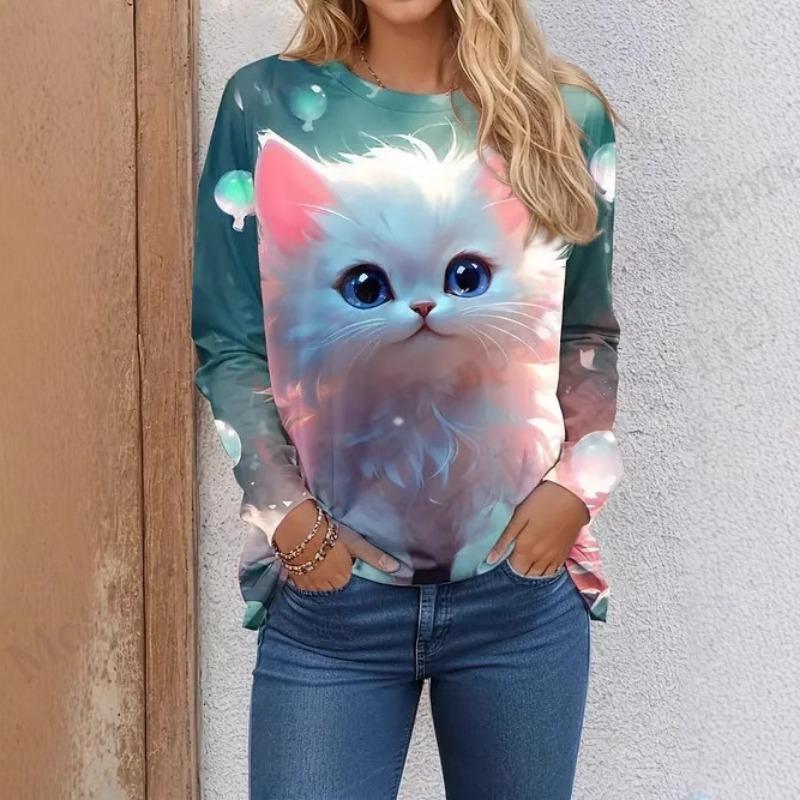 New Cute Cat 3d Print T-Shirt Animal Casual Long Sleeve T-shirt Women's Clothing Fashion Casual Oversized Tops Tees Female