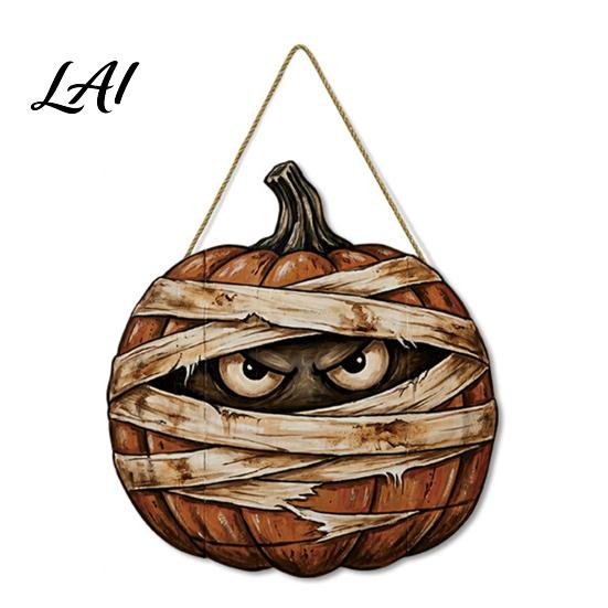 Rustic Farmhouse Entryway Sign Halloween Mummy Pumpkin Hanging Sign Retro Wooden Pendant with Office Window Ornament Hemp Rope for Front Door