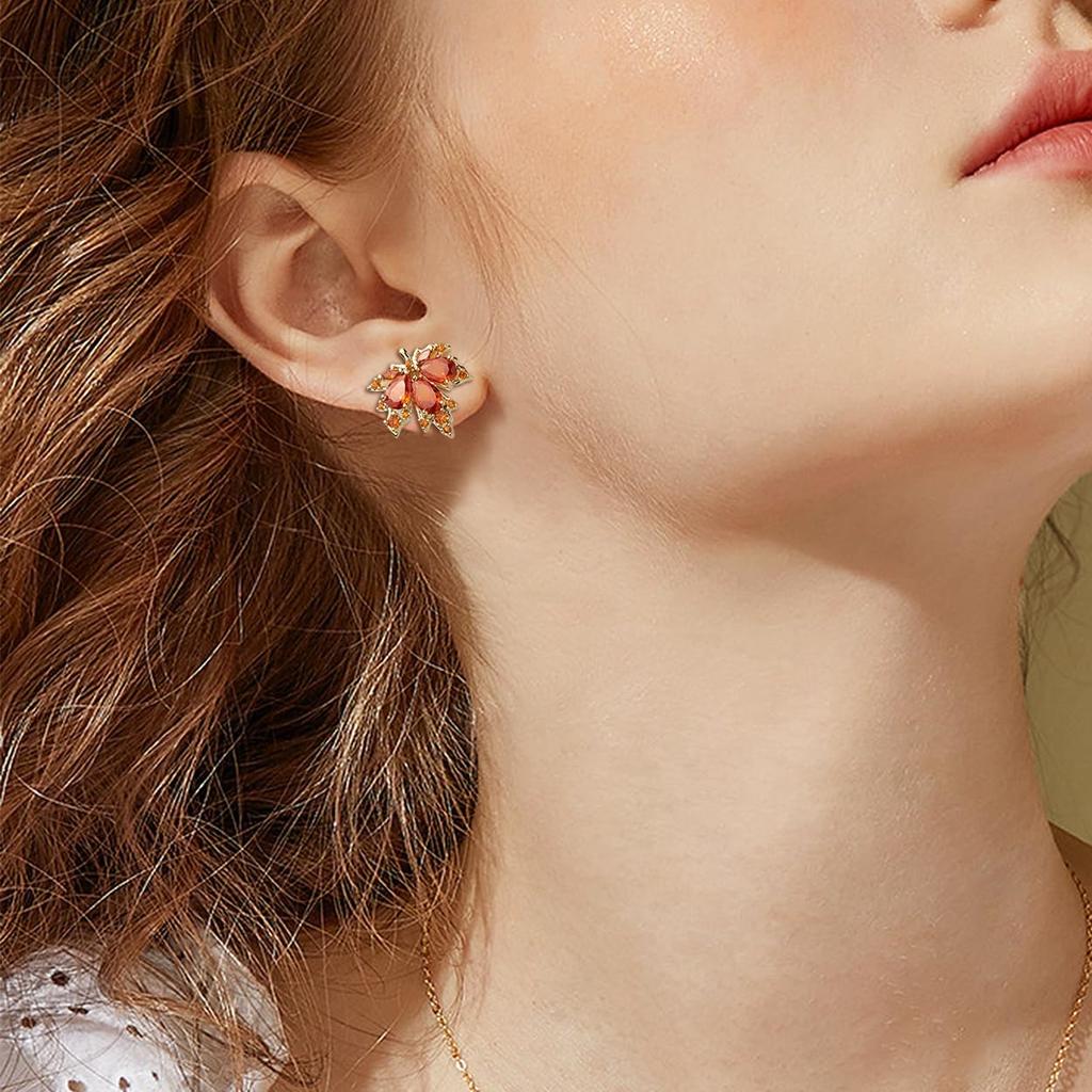 Maple Leaf Stud Earrings for Women Statement Cluster CZ Earring Gold Plated Wedding Prom Birthday Fashion Jewelry Gift