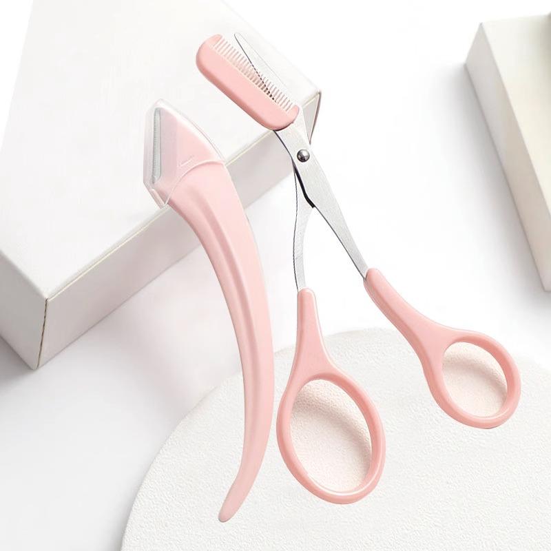 Pink Eyebrow Trimmer Set: Anti-Scratch Razor & Scissors for Beginners