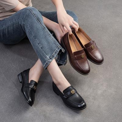 Mocassins de couleur unie rétro polyvalents en cuir véritable à talon bas pour femmes