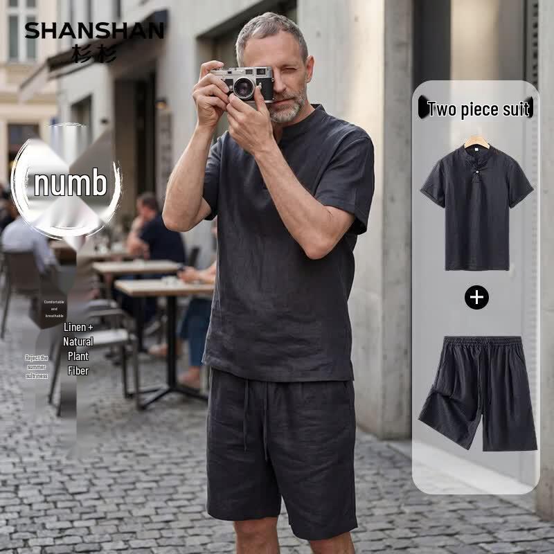 SHANSHAN Men s Linen Short Sleeve T-Shirt & Casual Pants Set 2XL/185