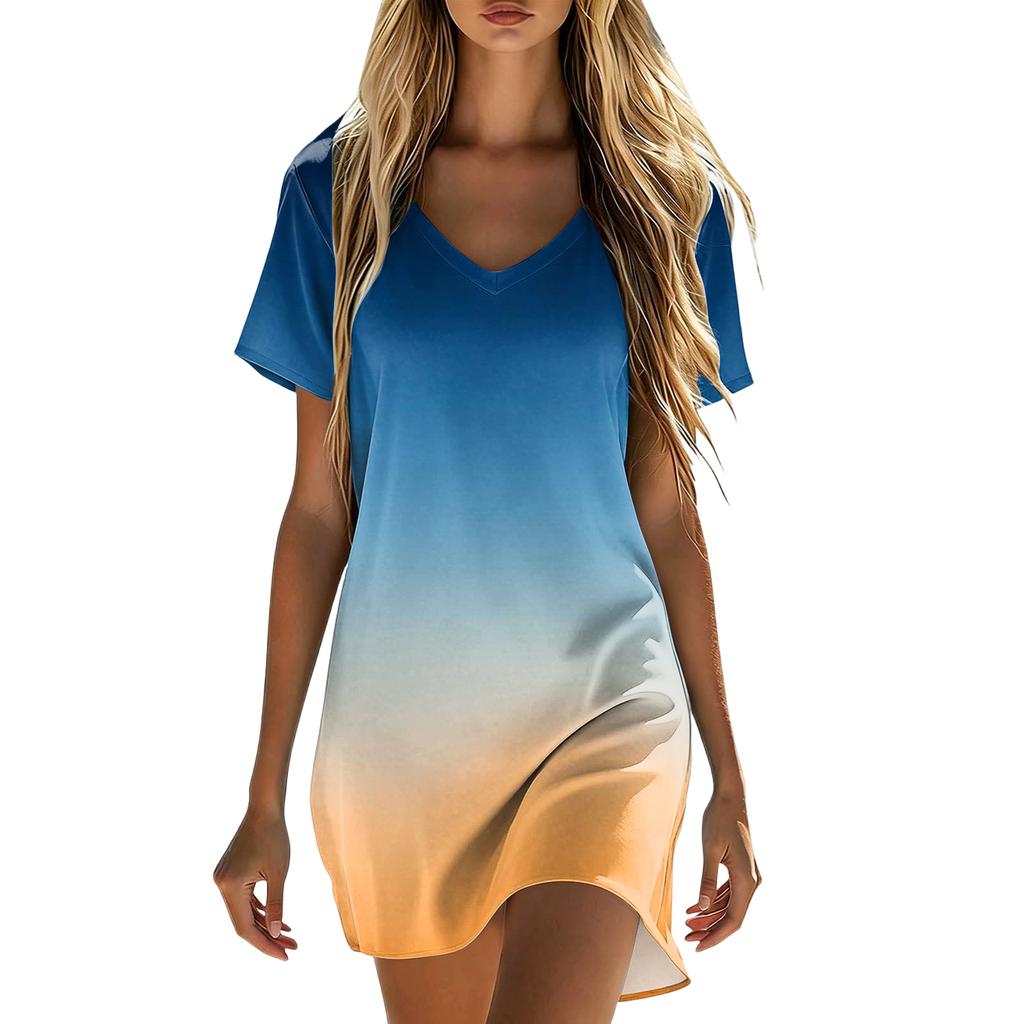 Women's Summer Casual V Neck Short Sleeve Gradient Print Dress Loose Fit Lightweight Soft Fabric Comfortable Wear