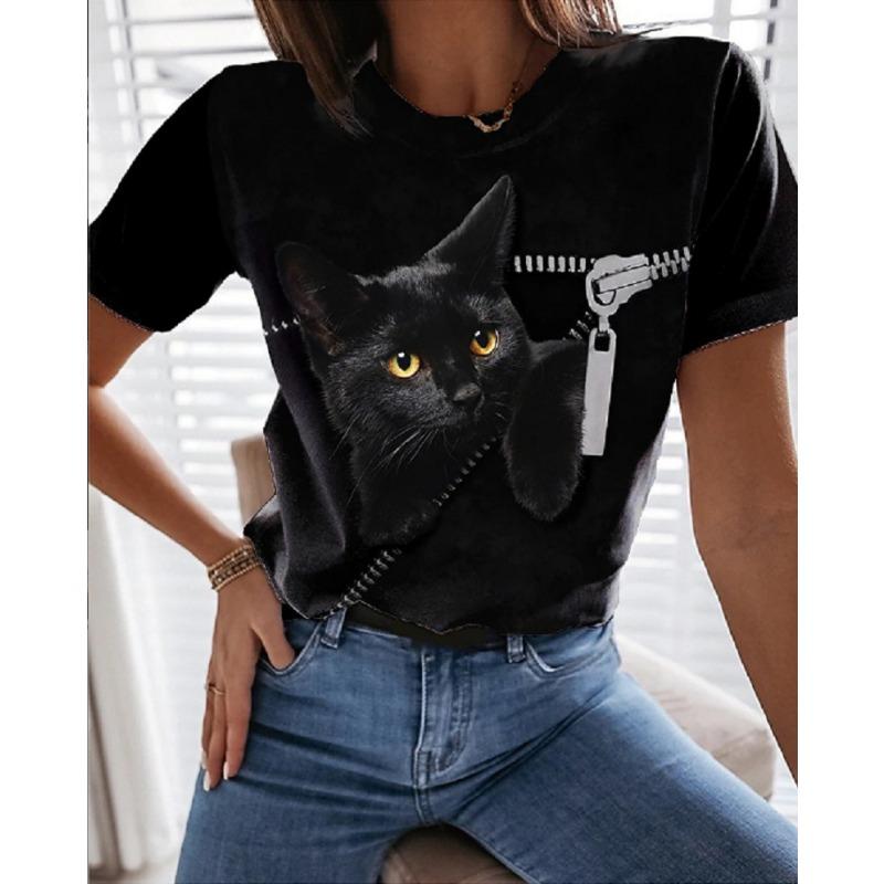 Summer 3D Printed Cat Casual Women's T-shirt with Cat Pattern Printed Round Neck Shirt