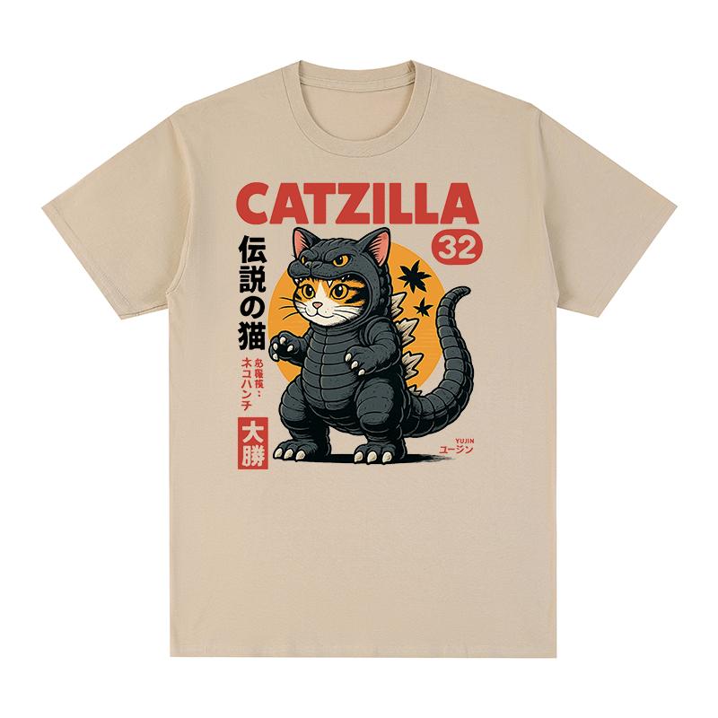 Catzilla Monster Vintage Tshirt Japanese Cat Soft Graphic Homme Casual Cotton Unisex Unisex T Shirt Summer New Fashion Streetwear