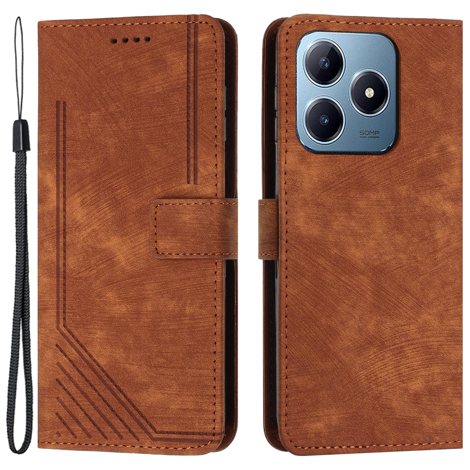 

Для Realme Note 60x 4G/C63 4G/C61 4G/Note 60 Чехол Линии Тисненая Искусственная Кожа Кошелек Подставка Чехол для Телефона Brown