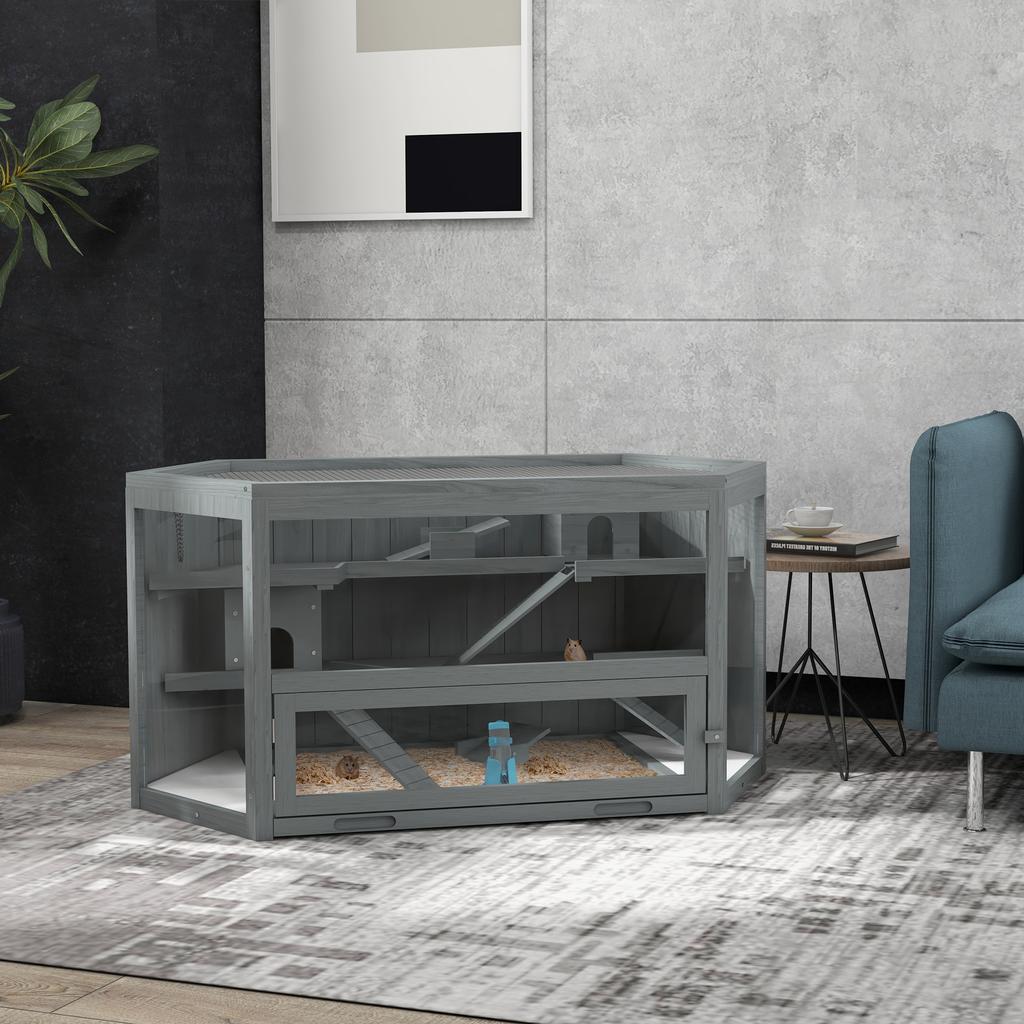 3 Tier Wooden Large Hamster Cage with Sliding Tray, Seesaws, Water Bottle, Grey