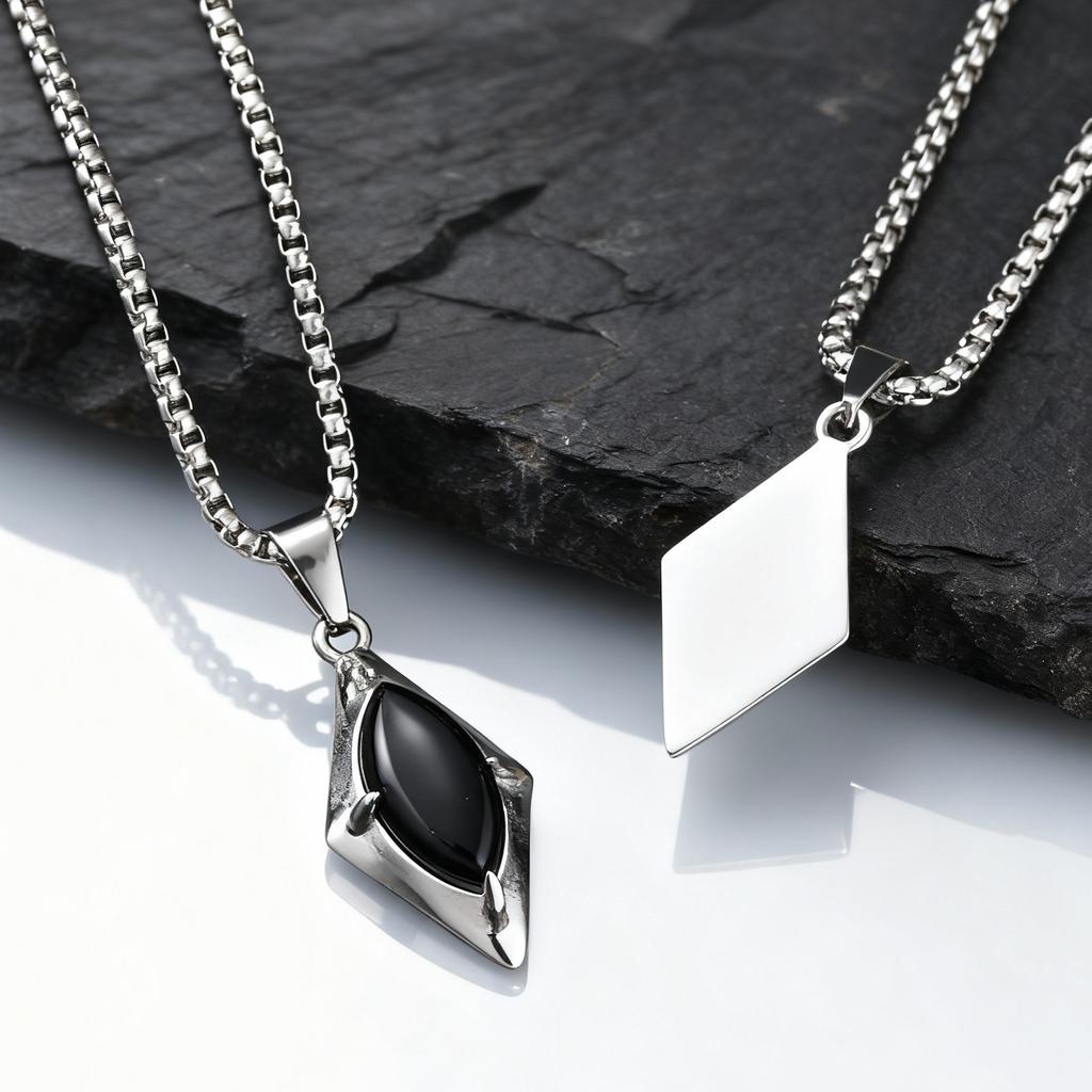 Geometric Natural Stone Pendant Necklace For Men Women, Stainless Steel Square Chain, Cool Silver Color Jewelry