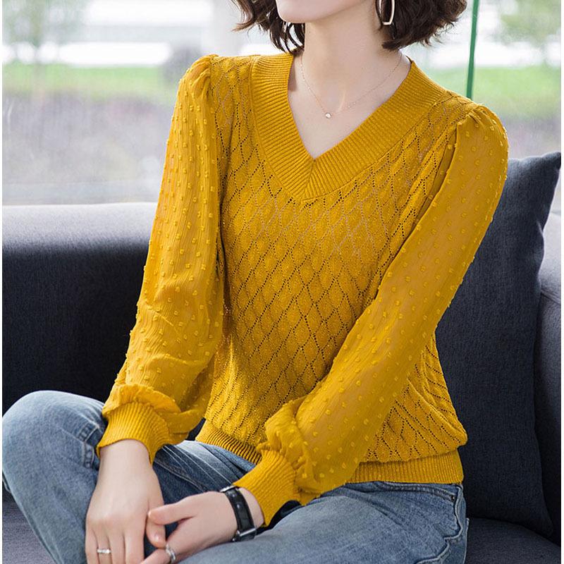 Chiffon Stitching Yarn Sleeve V-neck Sweater Women's Autumn Loose Hollow Thin Sweater Women's Bottoming Shirt