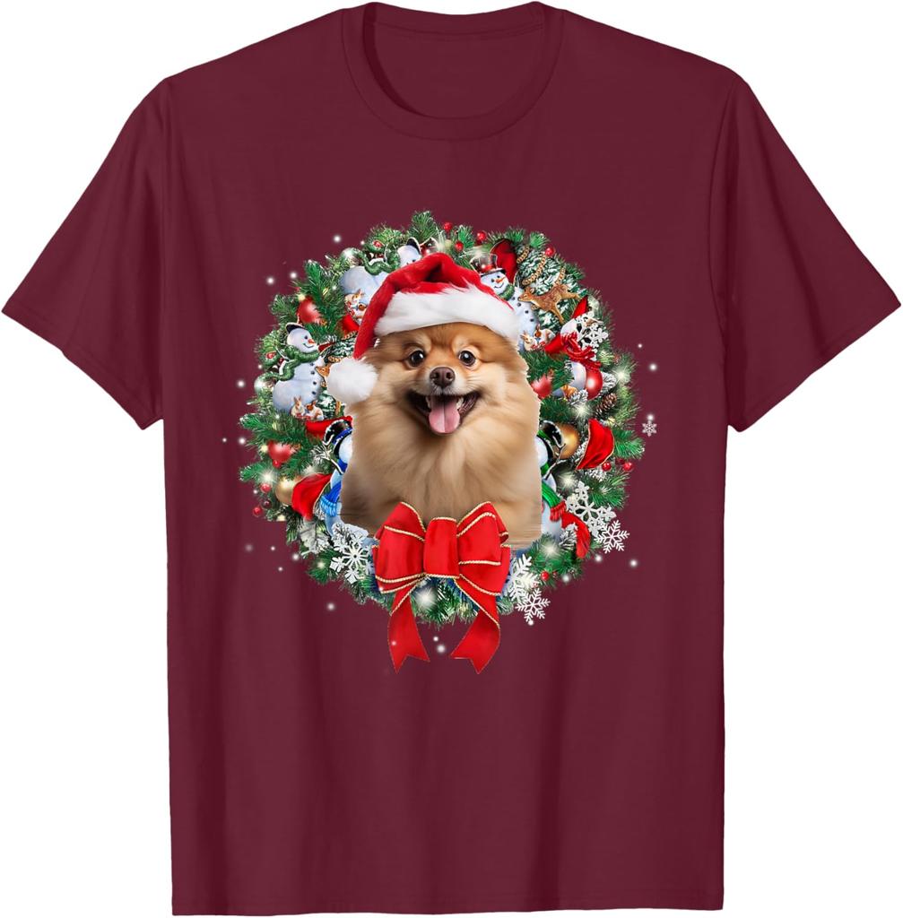 Pomeranian Christmas Wreath Graphic Tee Cute Dog Lover Casual Short Sleeve T-Shirt