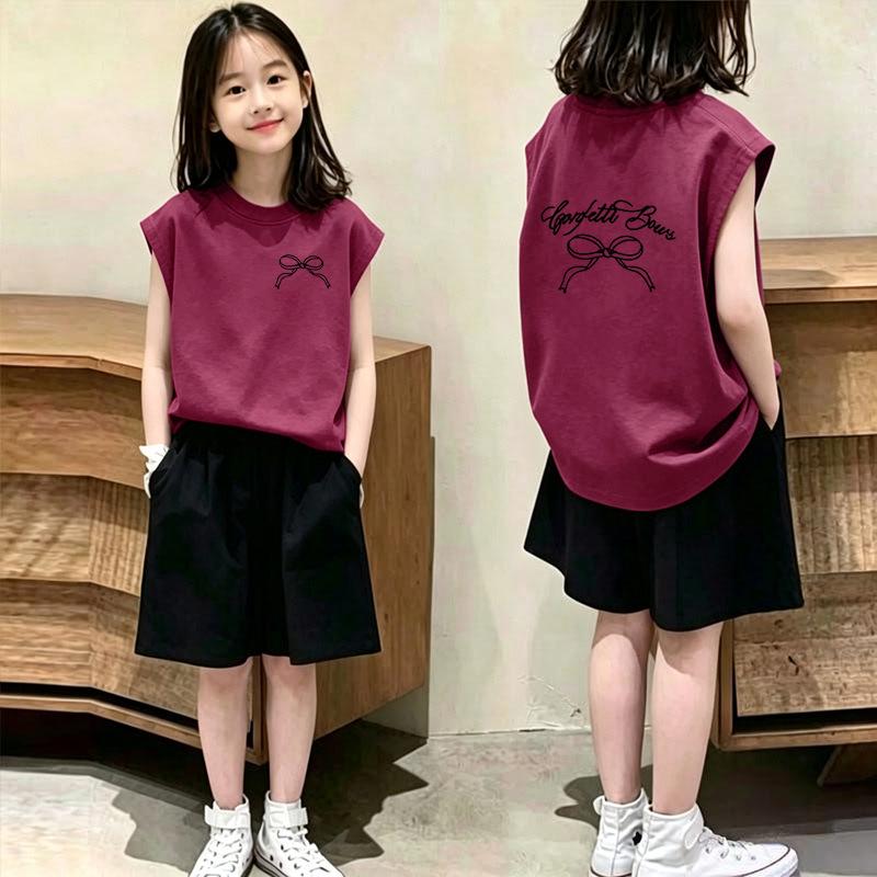 2026 Summer Girls' Cotton Vest & T-Shirt Set - Sleeveless Top & Shorts for Medium/Large Kids