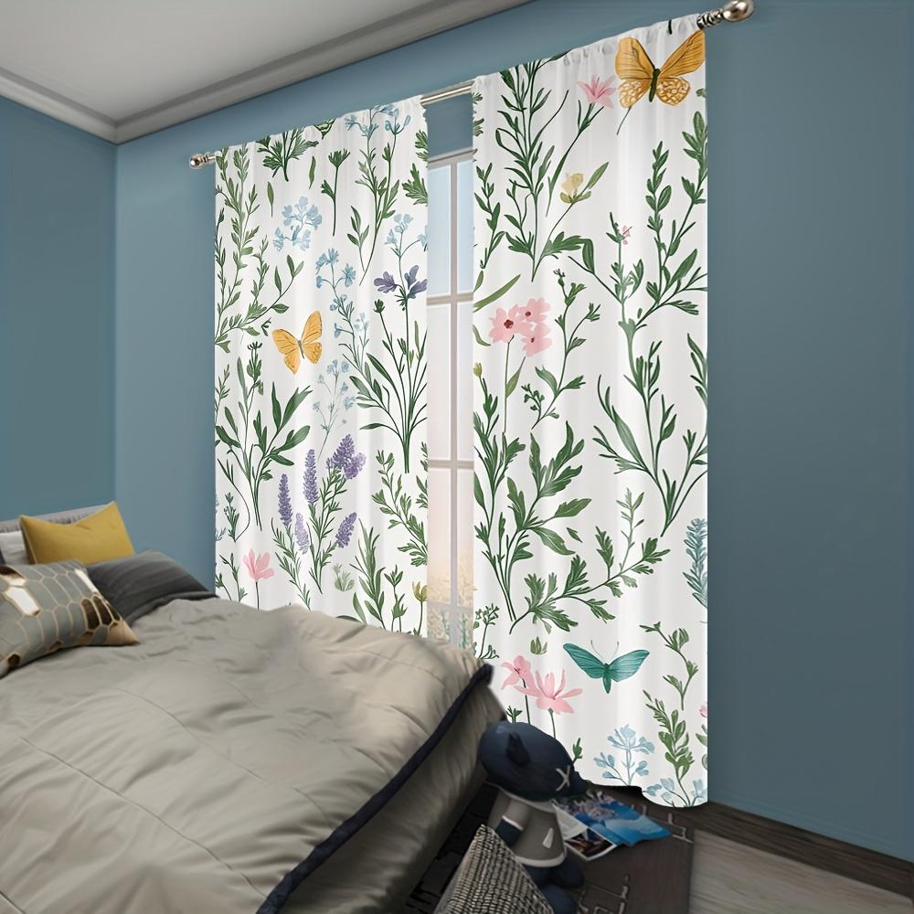 2Pc Modern Botanical Garden Print Curtains, Polyester Fabric, Machine Washable, Suitable For Bedroom And Living Room Decoration