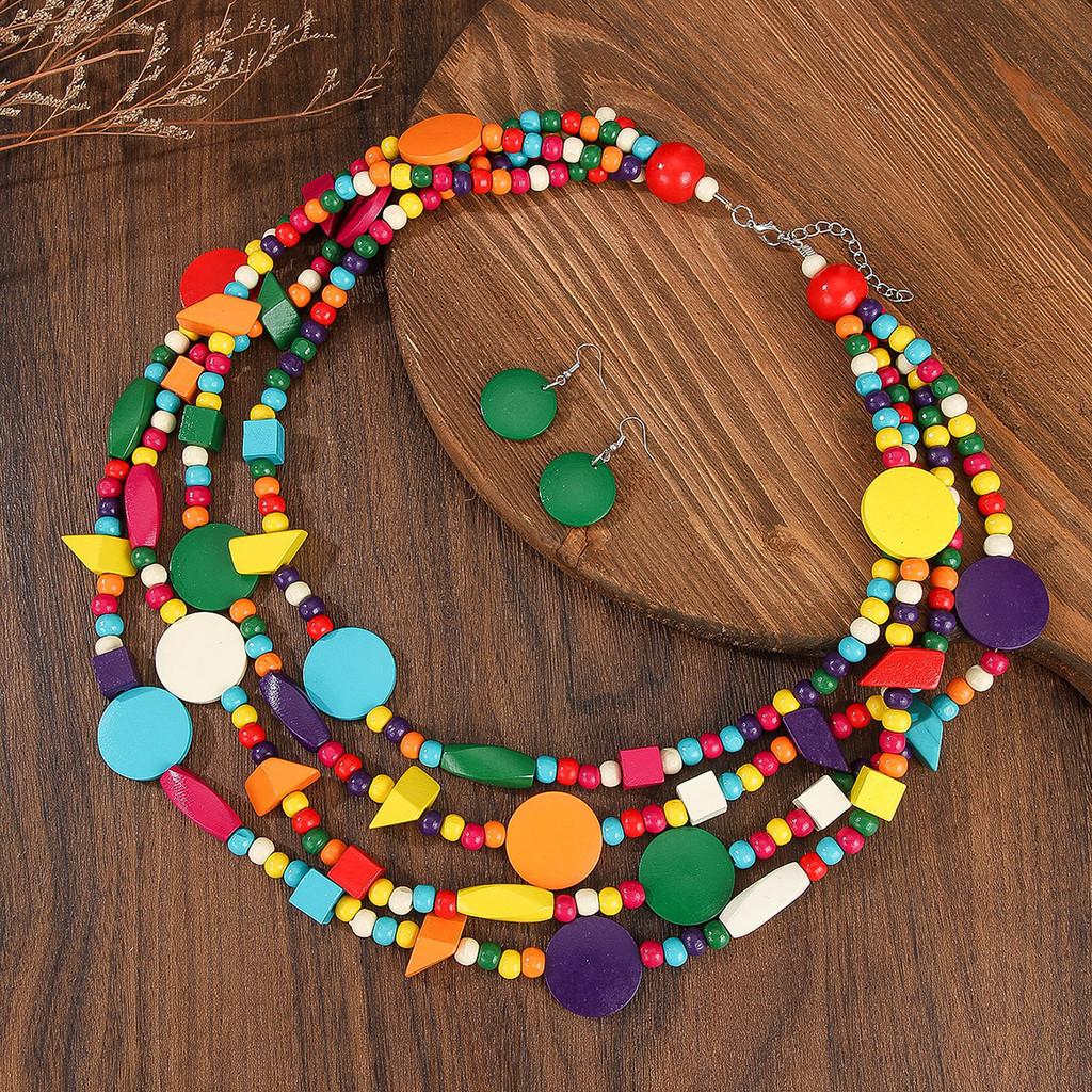 Collana multistrato colorata in legno con perline bohémien per donna