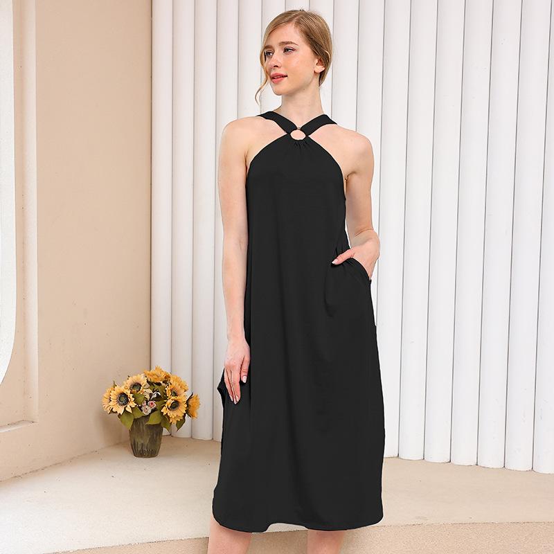 

Весна и лето Новое женское однотонное повседневное платье с открытыми плечами и карманом XL чёрный