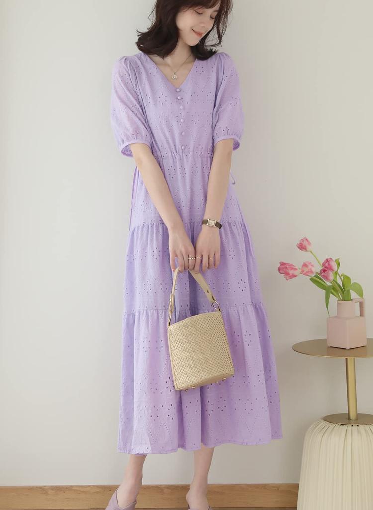 Sueeya Long Dress with Embroidered Short Puff High Stylish Perfect for and Outings in Summer Women's Lace, Sleeves, Ruffles, Sleeves, Waist, Ribbon,