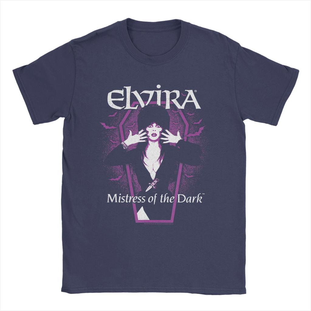 Elvira Dark Purple Bats and Coffin TShirt for Unisex Round Collar Short Sleeve T Shirts Big Size Clothing