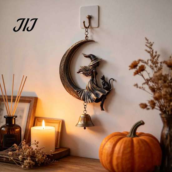 Unique Holiday Porch Decorations Halloween Witch And Black Cat Moon Wind Chime, Vintage on Crescent Metal Hanging Bell Decor Bell, Gothic Ornament for