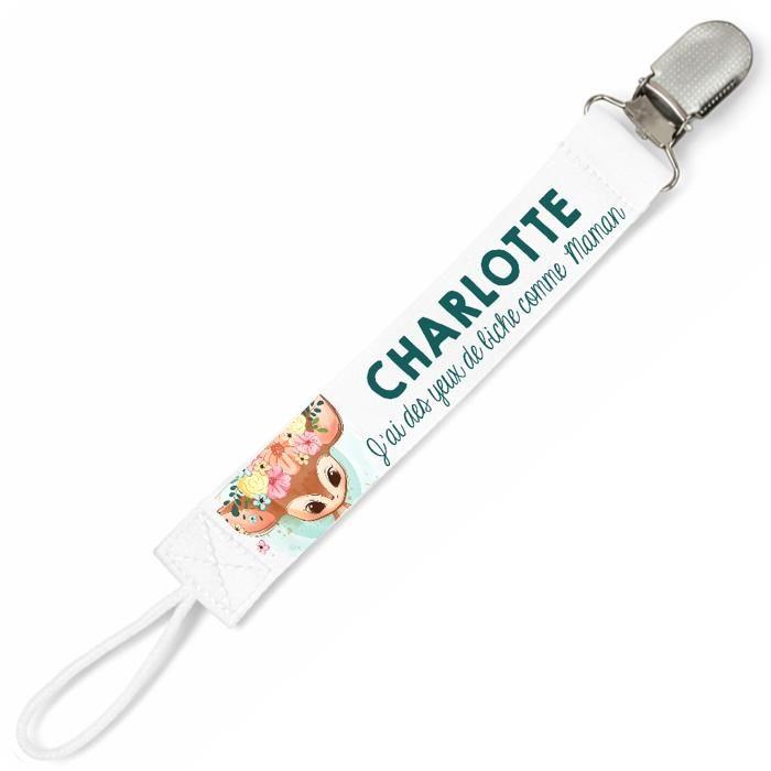 Planetee Attache tétine pour prénom CHARLOTTE yeux de biche comme Maman | Attache sucette cadeau naissance