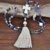Handmade beaded crystal necklace, women's Bohemian cross pendant with turquoise tassels and sweater chain