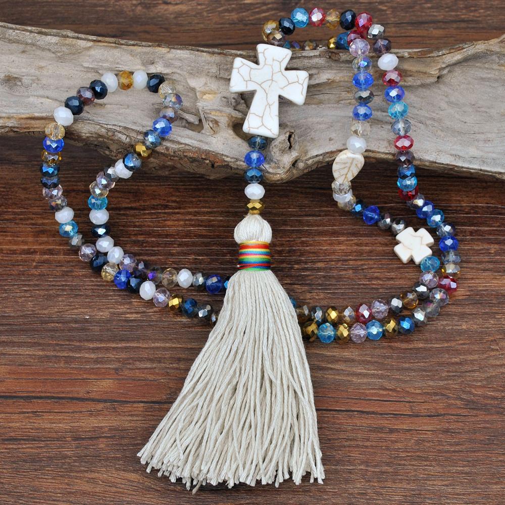 Handmade beaded crystal necklace, women's Bohemian cross pendant with turquoise tassels and sweater chain