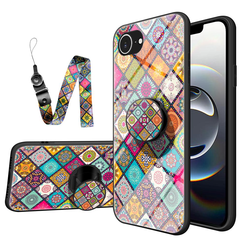For iPhone 16e Case Kickstand Ethnic Pattern Tempered Glass Phone Cover with Strap