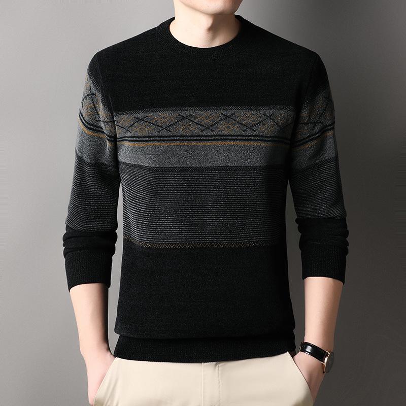 Men s Thick Chenille & Velvet Jacquard Sweater, Warm Round Neck Knit for Autumn/Winter XXL