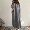 Spring and Summer Super Long Knee Length Checked Shirt Dress