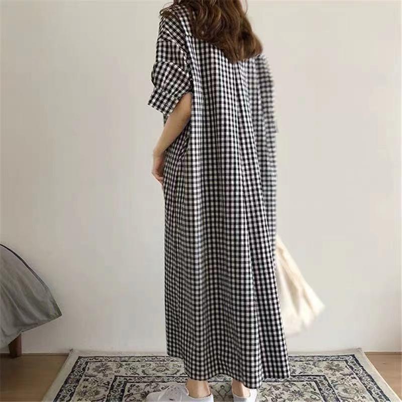 Spring and Summer Super Long Knee Length Checked Shirt Dress
