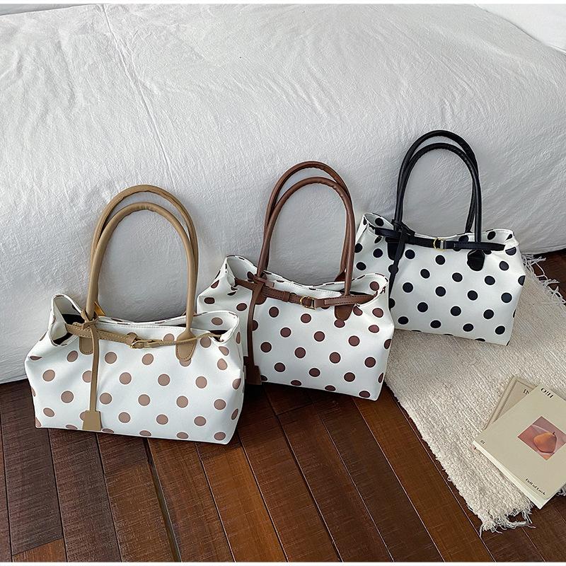 Korean Polka Dot Tote Bag With Belt Buckle Detail Women Large Capacity Casual Shoulder Bag Stylish Daily Commute Work Handbag