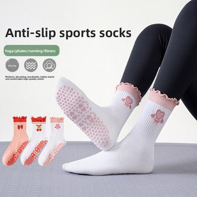 Meias Esportivas, Meias Femininas de Renda Meia-panturrilha, Meias Profissionais Antiderrapantes para Yoga, Meias para Pilates com Formato de Coração Morango Cereja