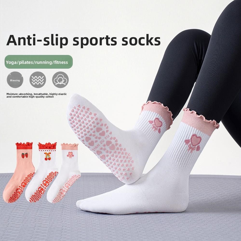 Sports Socks, Women's Lace Mid-calf Socks, Professional Anti-slip Yoga Socks, Heart-shaped Strawberry Cherry Fruit Pilates Socks