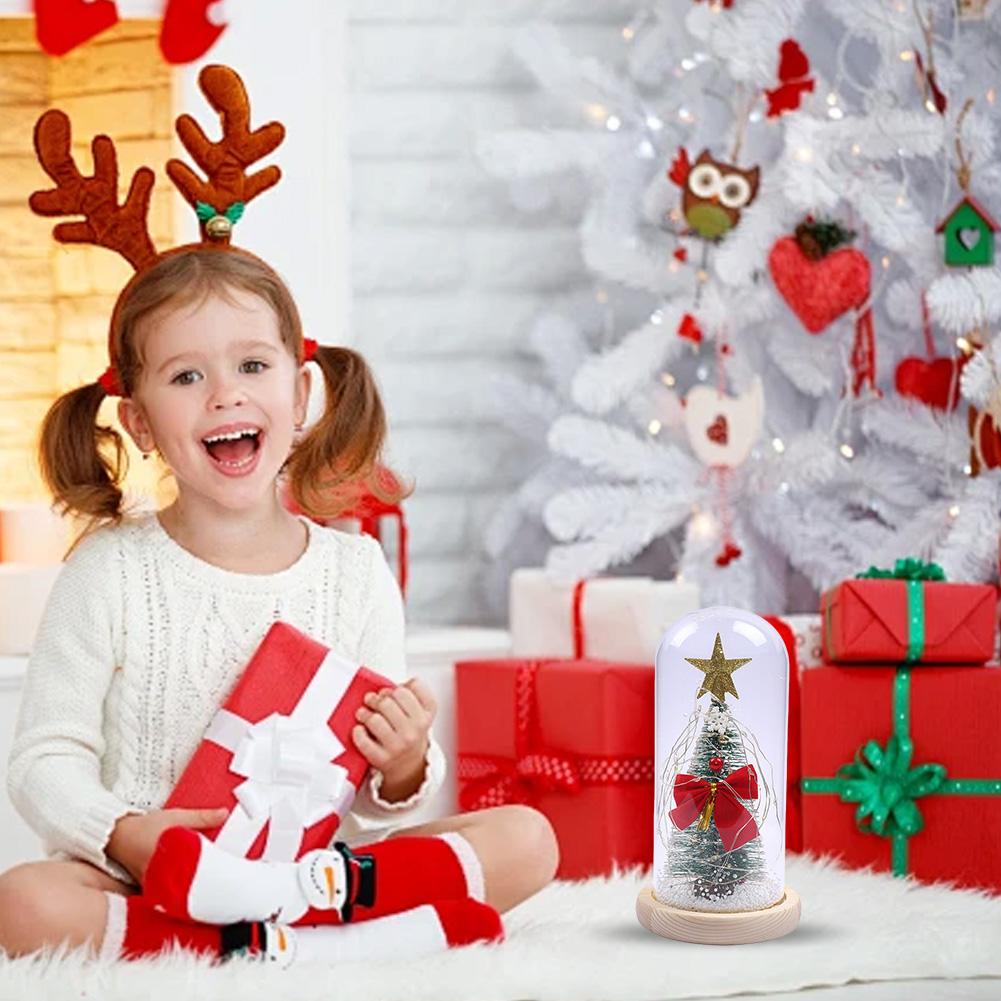 Mini LED Artificial Christmas Tree Decoration with Glass Dome Christmas Tree Night Light Table Ornament Xmas Gift for Children