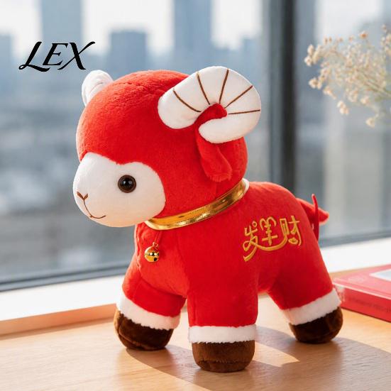 Chinese New Year Decor Plush Red Sheep Doll for Lunar Decoration, Soft Stuffed Animal Toy with Plushie Auspicious Embroidery And Bell Collar,