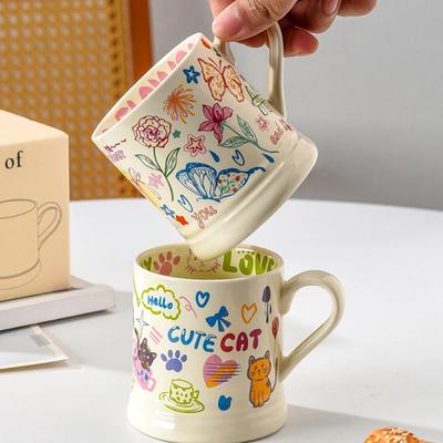 370ML Ceramic Mug Cartoon Graffiti Cup with Handle Cute Breakfast Milk Coffee Cup Large Capacity Mug Creative Home Kitchen Decor